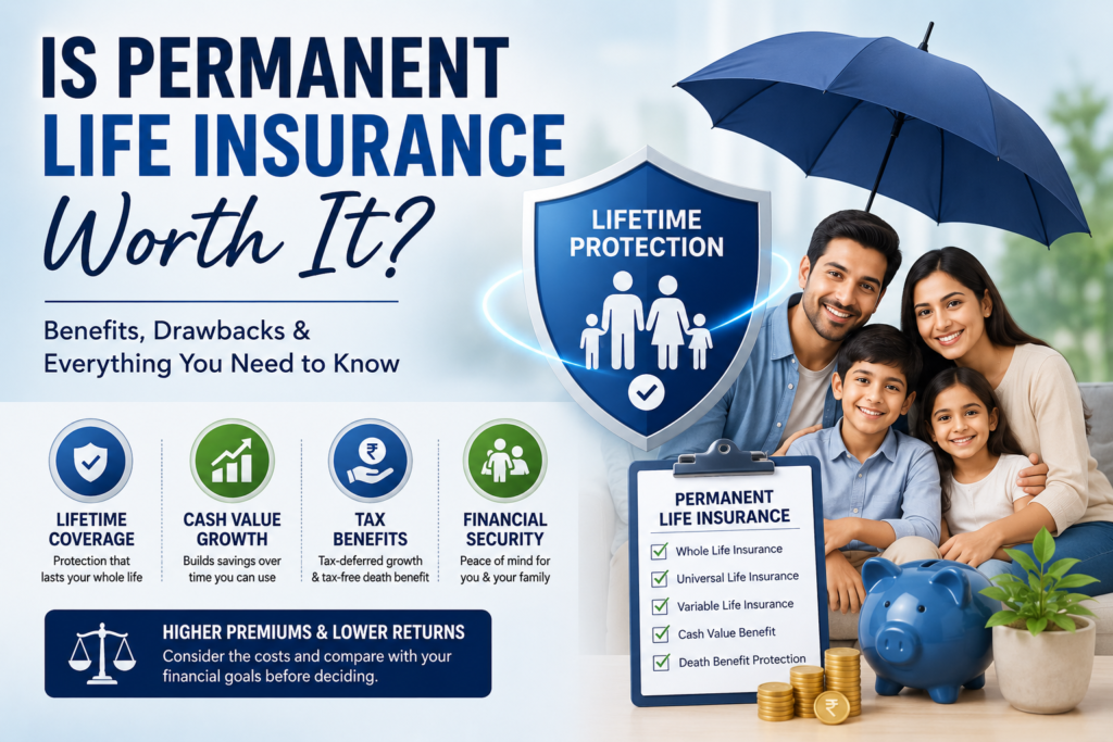 Is Permanent Life Insurance Worth It infographic showing family protection, lifetime coverage, cash value growth, tax benefits, and financial security