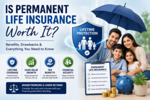 Is Permanent Life Insurance Worth It infographic showing family protection, lifetime coverage, cash value growth, tax benefits, and financial security