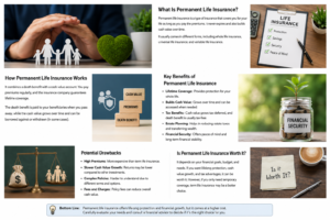 Permanent life insurance infographic explaining lifetime coverage, cash value growth, tax benefits, and financial security for families.