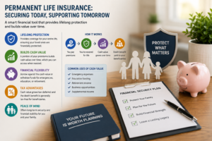Is permanent life insurance worth it visual explaining lifetime coverage, cash value benefits, tax advantages, and family financial protection.