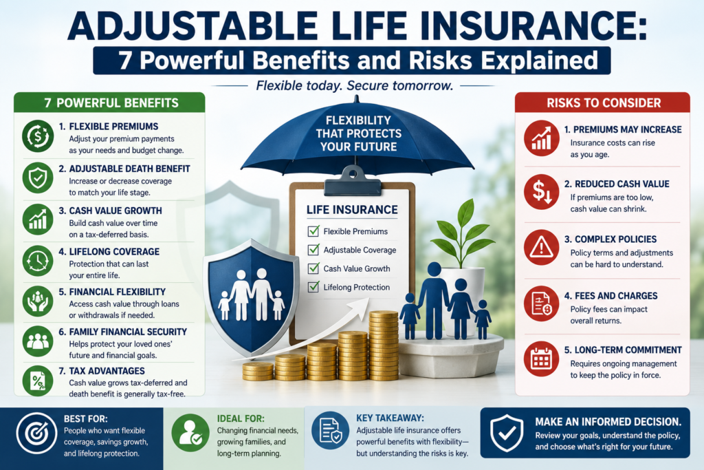 Adjustable life insurance infographic showing 7 powerful benefits and risks, including flexible premiums, adjustable death benefit, cash value growth, tax advantages, and family financial protection.