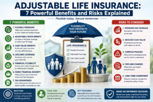 Adjustable life insurance infographic showing 7 powerful benefits and risks, including flexible premiums, adjustable death benefit, cash value growth, tax advantages, and family financial protection.