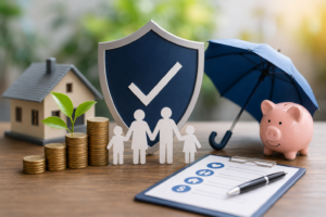 Adjustable life insurance concept image showing family financial protection, shield, umbrella, coin stacks, home, piggy bank, and policy checklist for long-term security.