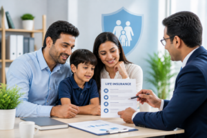 Family discussing life insurance Question policy with advisor in modern office setting, symbolizing financial planning and protection