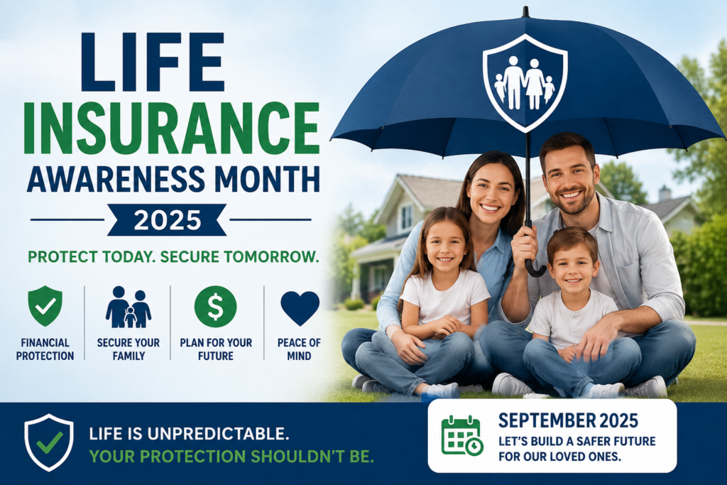 Family sitting under a protective umbrella during Life Insurance Awareness Month 2025, symbolizing financial security and family protection