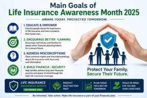 Main goals of Life Insurance Awareness Month 2025 infographic showing family protection and financial awareness concepts