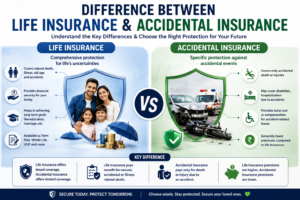 Difference Between Life Insurance and Accidental Insurance infographic comparing family protection and accident coverage