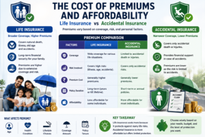Difference Between Life Insurance and Accidental Insurance infographic showing premium costs and affordability comparison